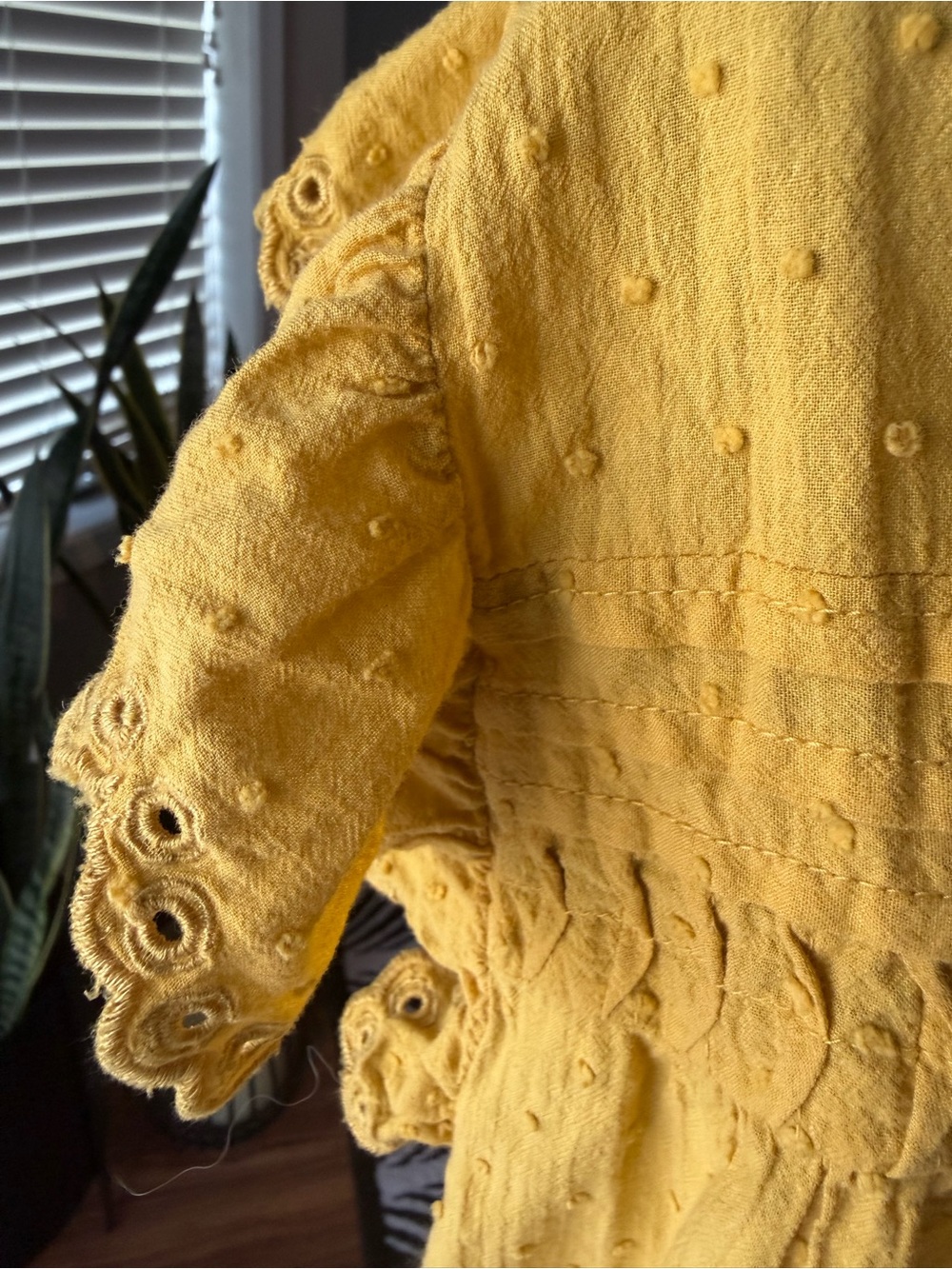 LOFT Yellow Eyelet Ruffle Split-Neck Blouse - Picture 7 of 8